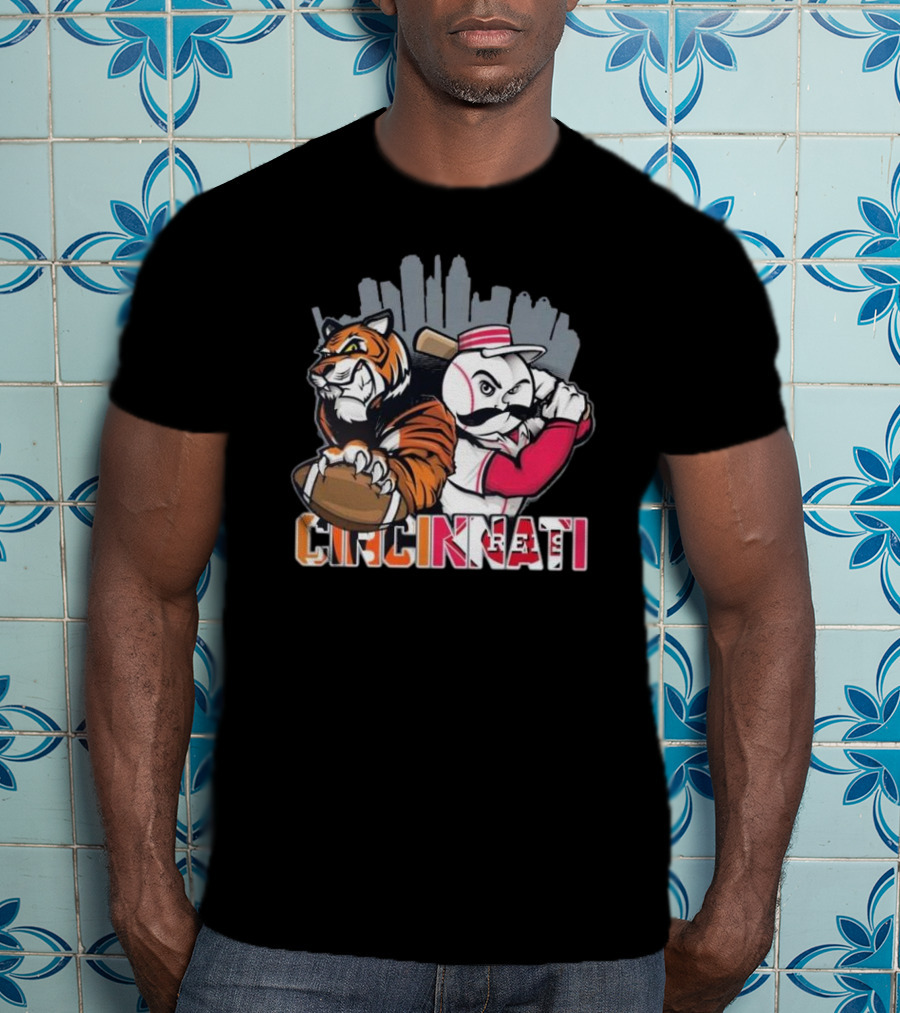 Cincinnati Bengals Tiger With Football And Mr. Redlegs Baseball Skyline T-Shirt