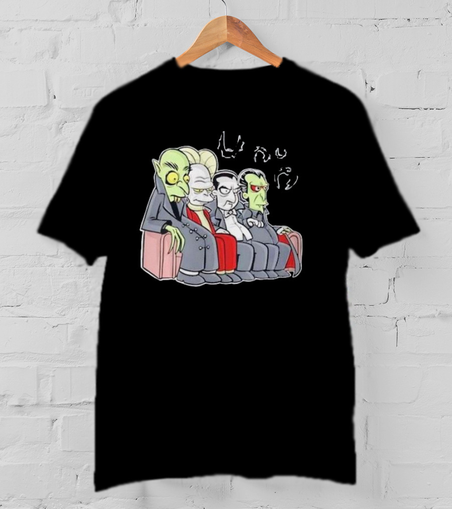 Various Versions Of Dracula Characters Sitting Together On A Couch T-Shirt
