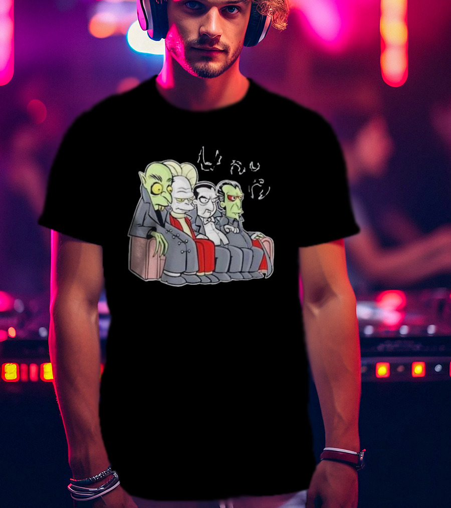 Various Versions Of Dracula Characters Sitting Together On A Couch T-Shirt
