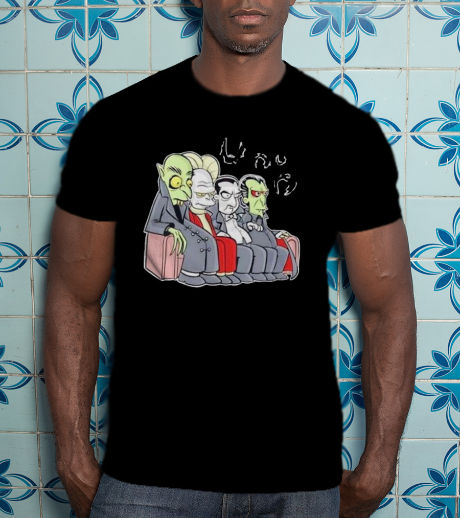 Various Versions Of Dracula Characters Sitting Together On A Couch T-Shirt