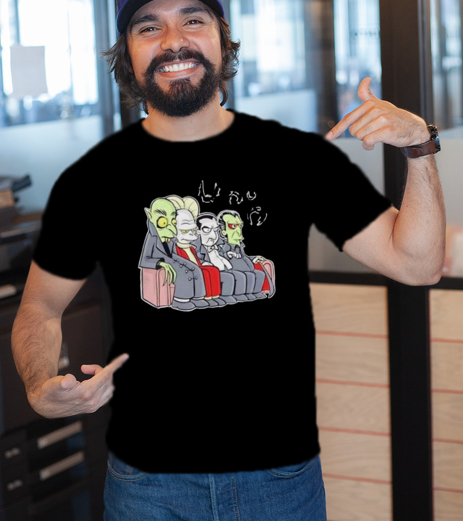 Various Versions Of Dracula Characters Sitting Together On A Couch T-Shirt