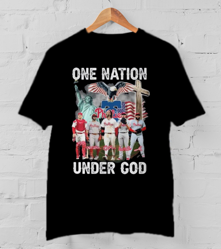 Philadelphia Phillies One Nation Under God Flag Statue Cross Signatures T-Shirt