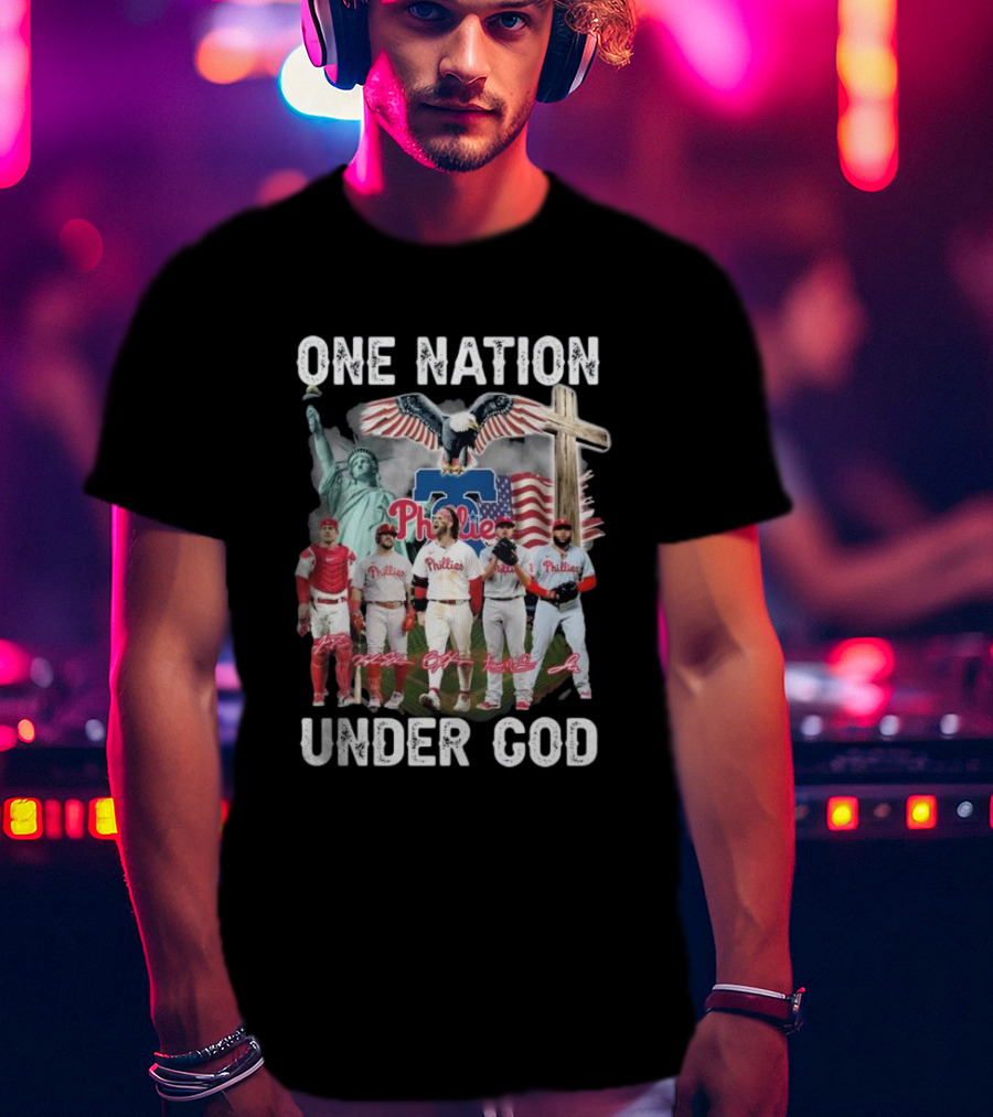 Philadelphia Phillies One Nation Under God Flag Statue Cross Signatures T-Shirt