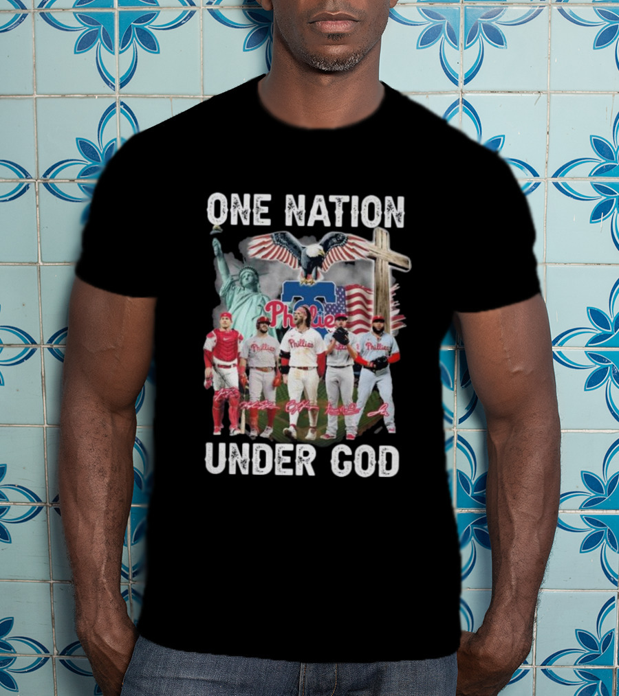 Philadelphia Phillies One Nation Under God Flag Statue Cross Signatures T-Shirt