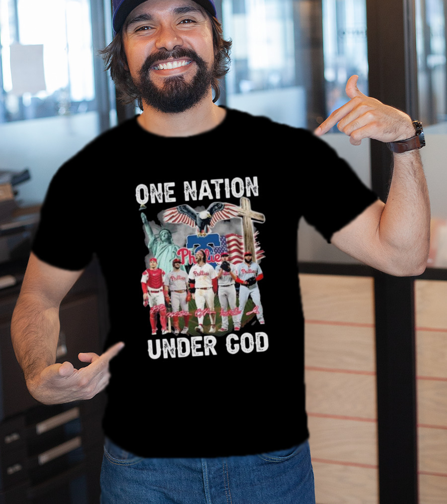 Philadelphia Phillies One Nation Under God Flag Statue Cross Signatures T-Shirt