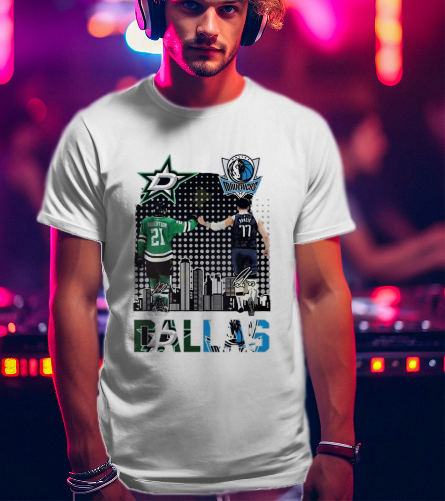 Dallas Stars Mavericks Robertson Doncic Skyline Signatures T-Shirt