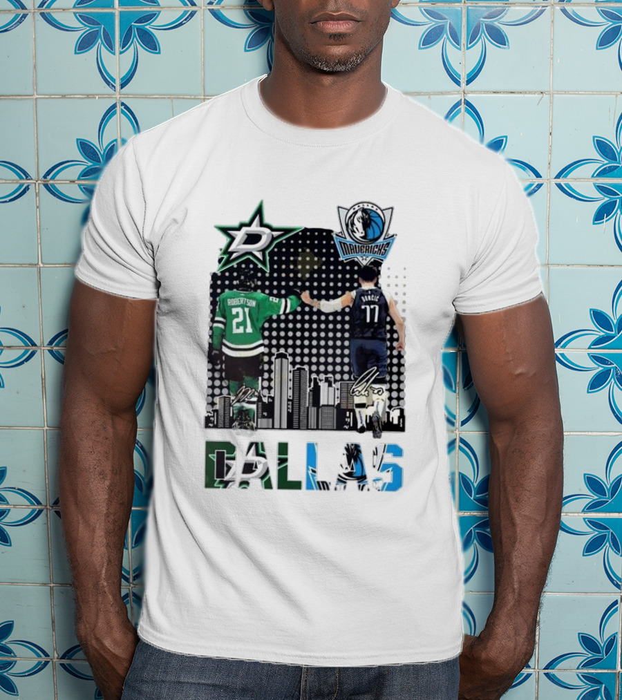 Dallas Stars Mavericks Robertson Doncic Skyline Signatures T-Shirt