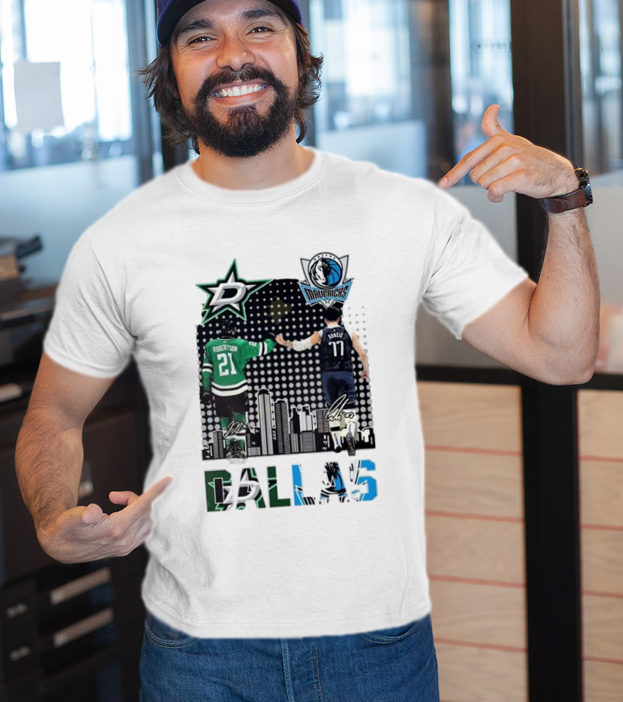 Dallas Stars Mavericks Robertson Doncic Skyline Signatures T-Shirt