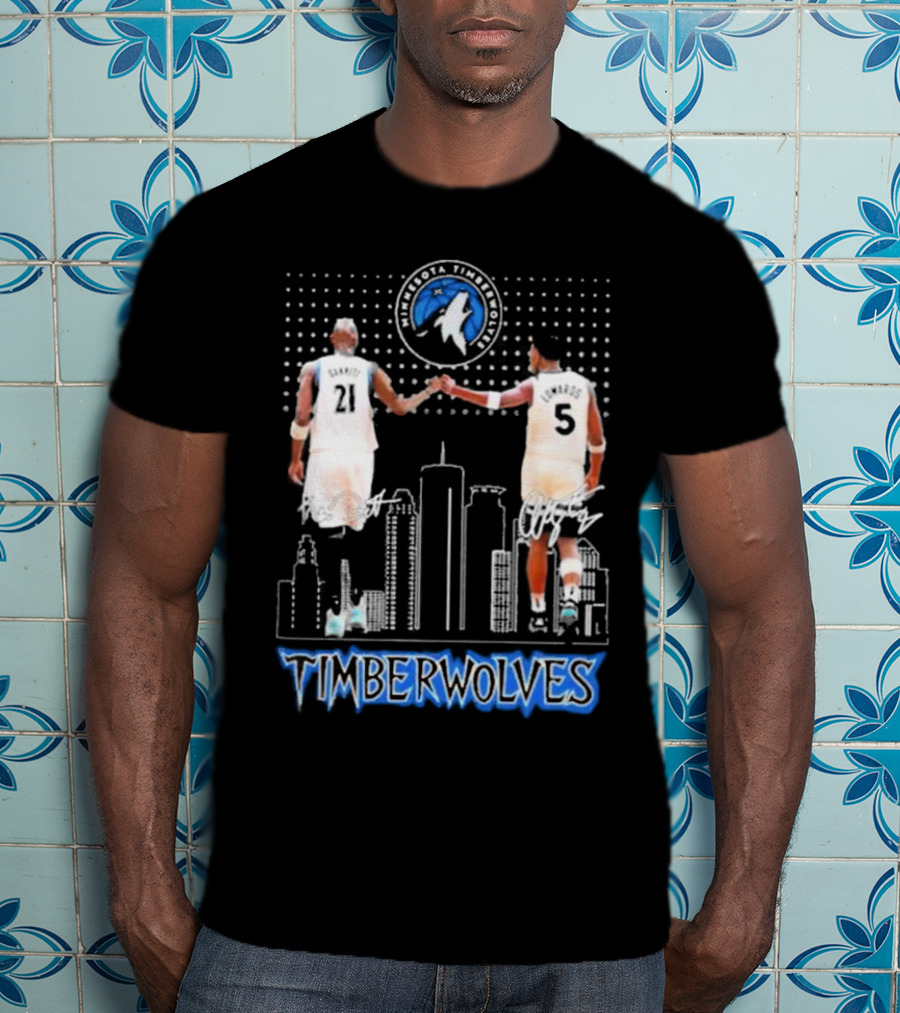 Minnesota Timberwolves Kevin Garnett Anthony Edwards Signatures City Skyline T-Shirt