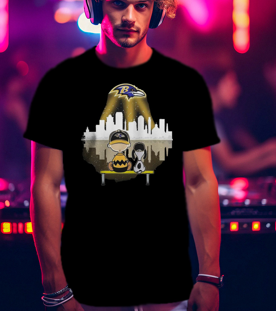 Charlie Brown Snoopy Baltimore Ravens City Skyline T-Shirt