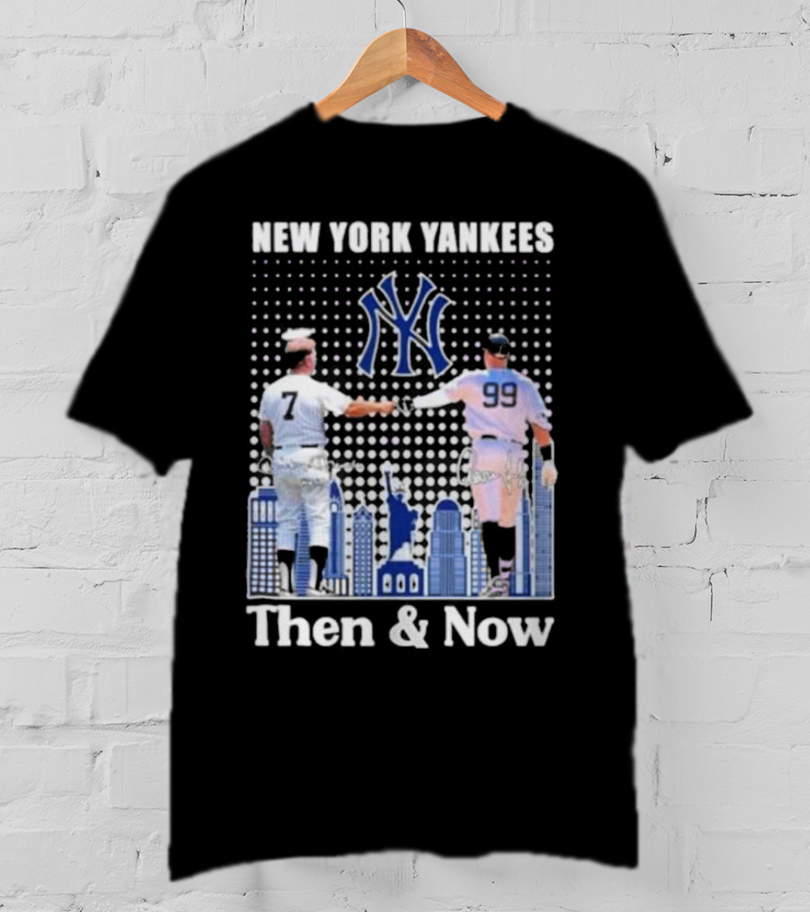 New York Yankees Then And Now Mickey Mantle 7 Aaron Judge 99 Signatures T-Shirt