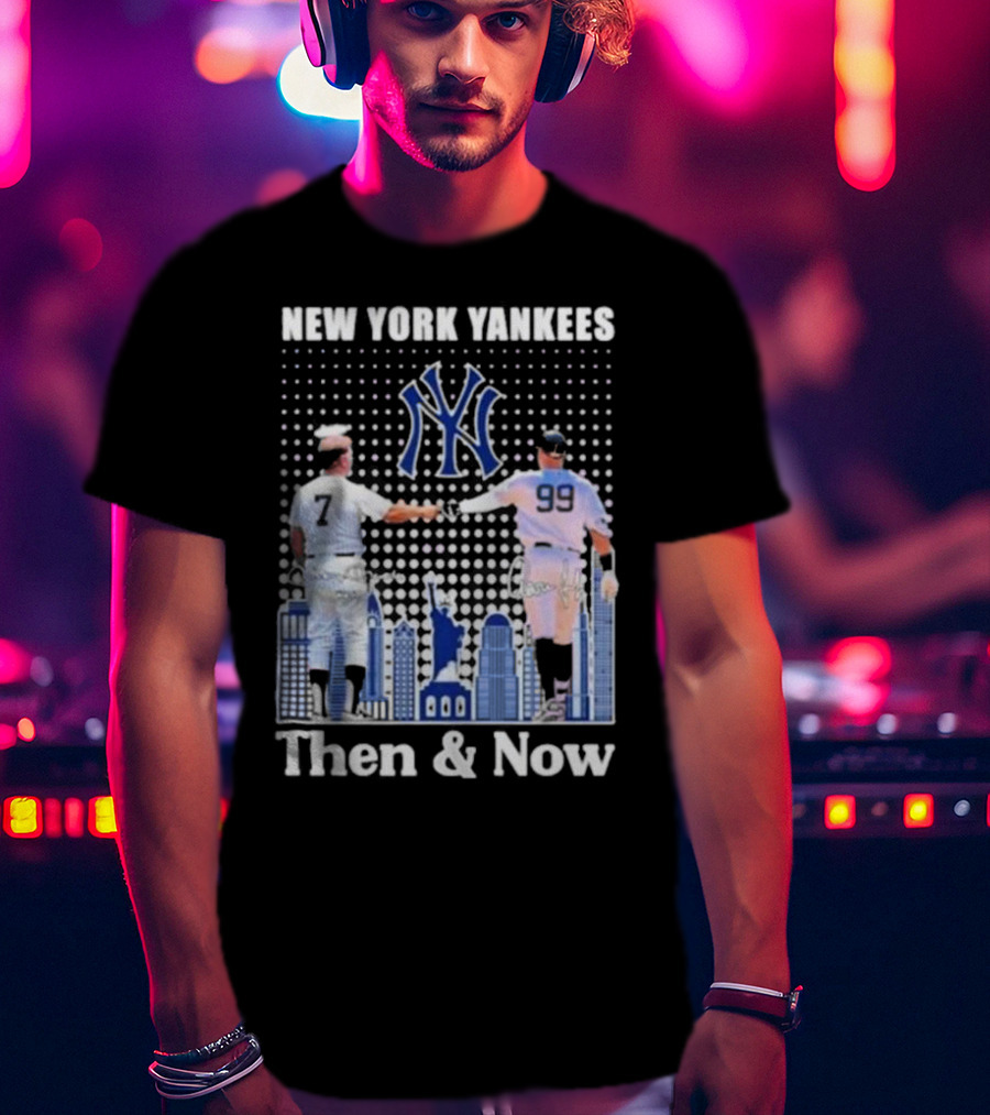 New York Yankees Then And Now Mickey Mantle 7 Aaron Judge 99 Signatures T-Shirt