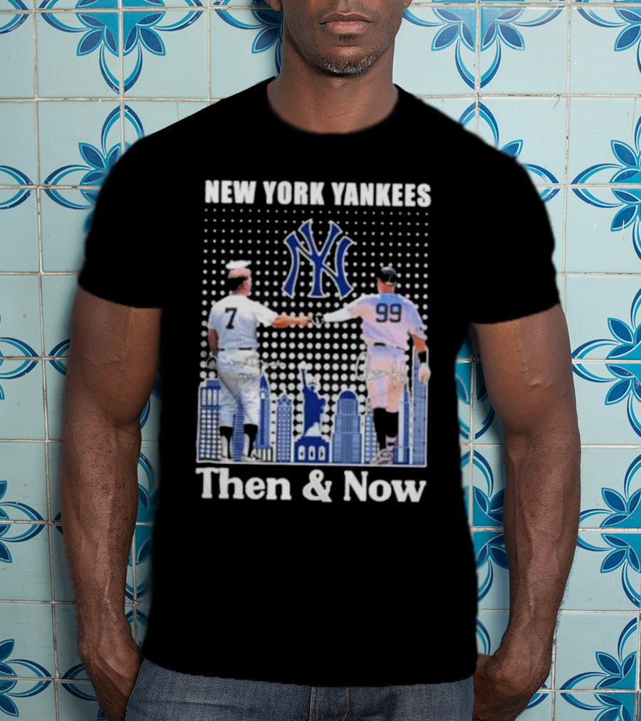 New York Yankees Then And Now Mickey Mantle 7 Aaron Judge 99 Signatures T-Shirt