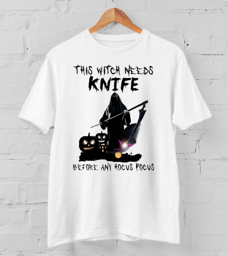 This Witch Needs Knife Before Any Hocus Pocus Halloween Pumpkins Dark Scene T-Shirt