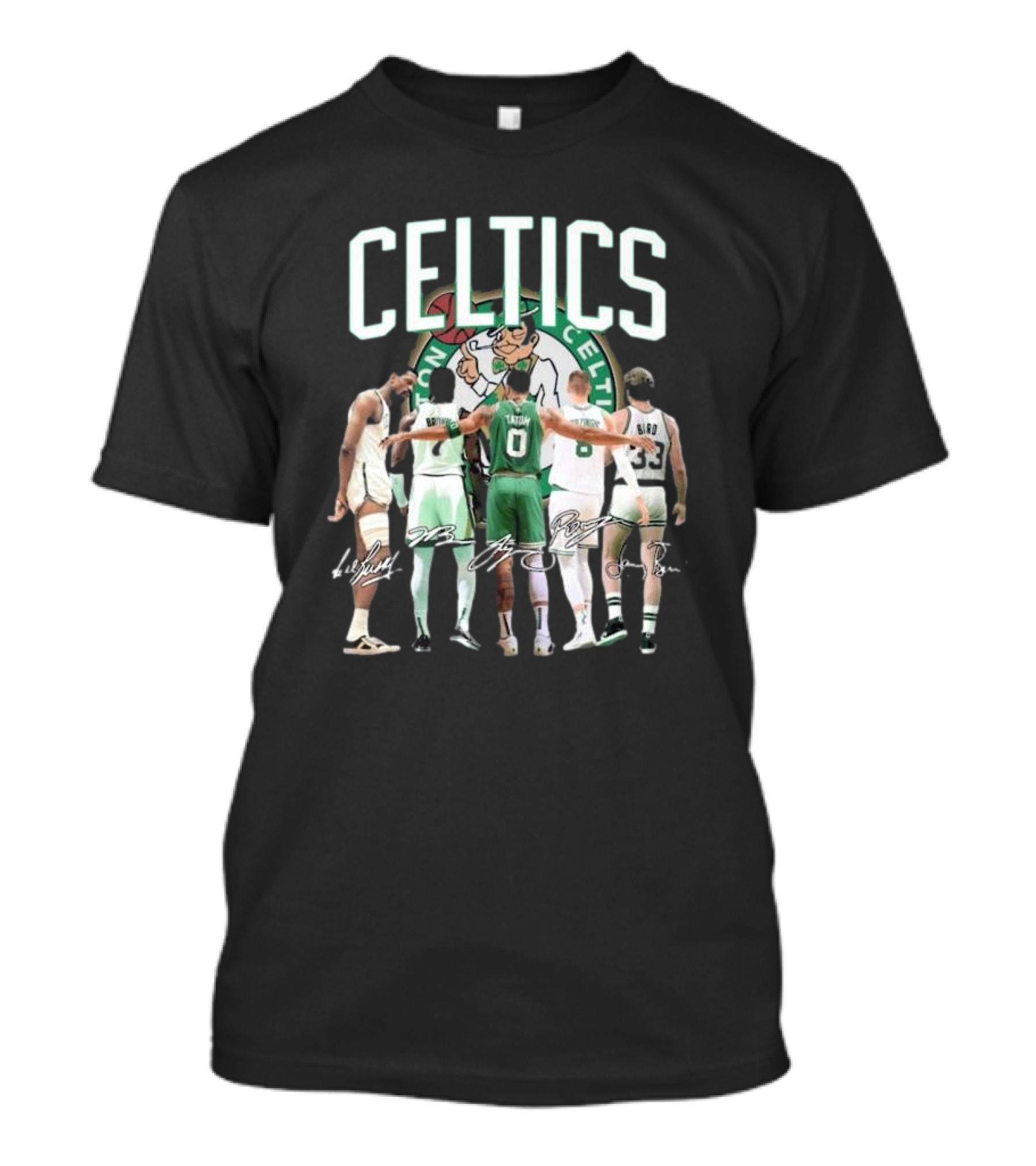 Celtics Jaylen Brown Jayson Tatum K. Porziņģis Larry Bird Signatures NBA Basketball Legends T-Shirt