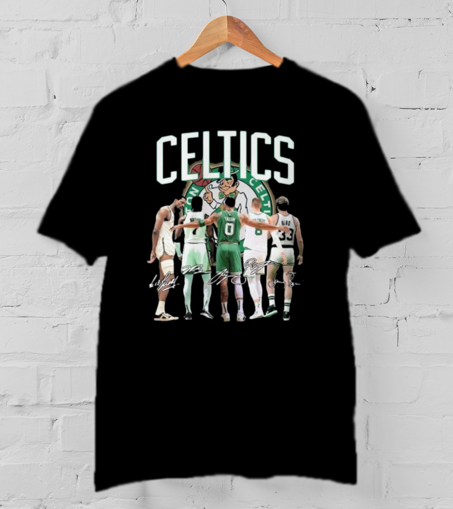 Celtics Jaylen Brown Jayson Tatum K. Porziņģis Larry Bird Signatures NBA Basketball Legends T-Shirt