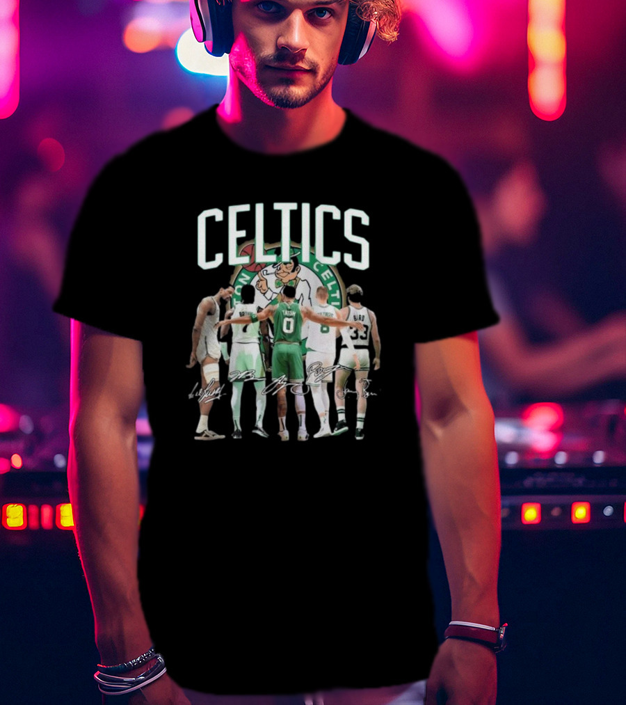 Celtics Jaylen Brown Jayson Tatum K. Porziņģis Larry Bird Signatures NBA Basketball Legends T-Shirt