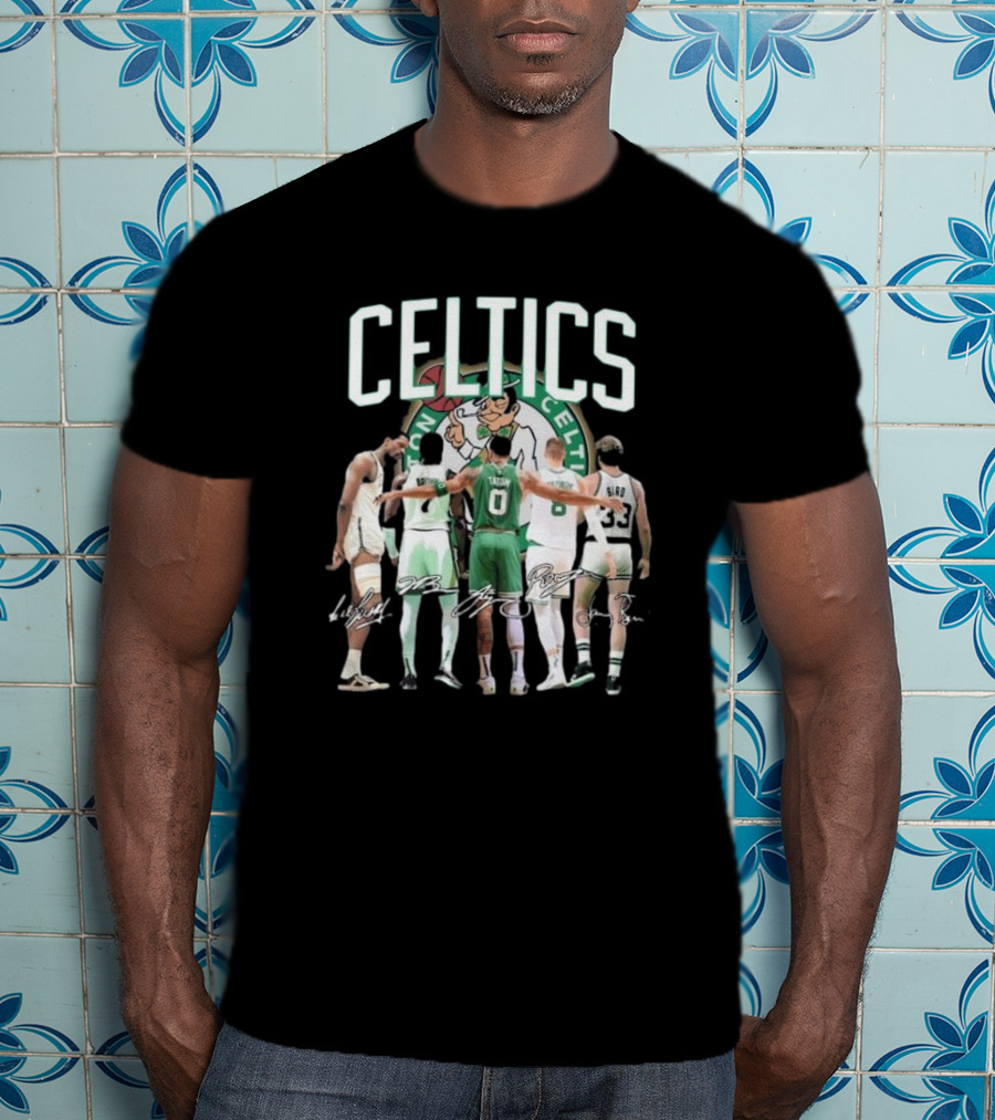 Celtics Jaylen Brown Jayson Tatum K. Porziņģis Larry Bird Signatures NBA Basketball Legends T-Shirt