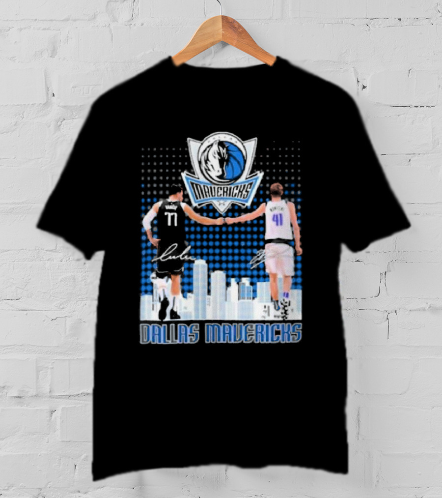 Dallas Mavericks Luka Doncic Dirk Nowitzki Handshake Signatures Skyline T-Shirt