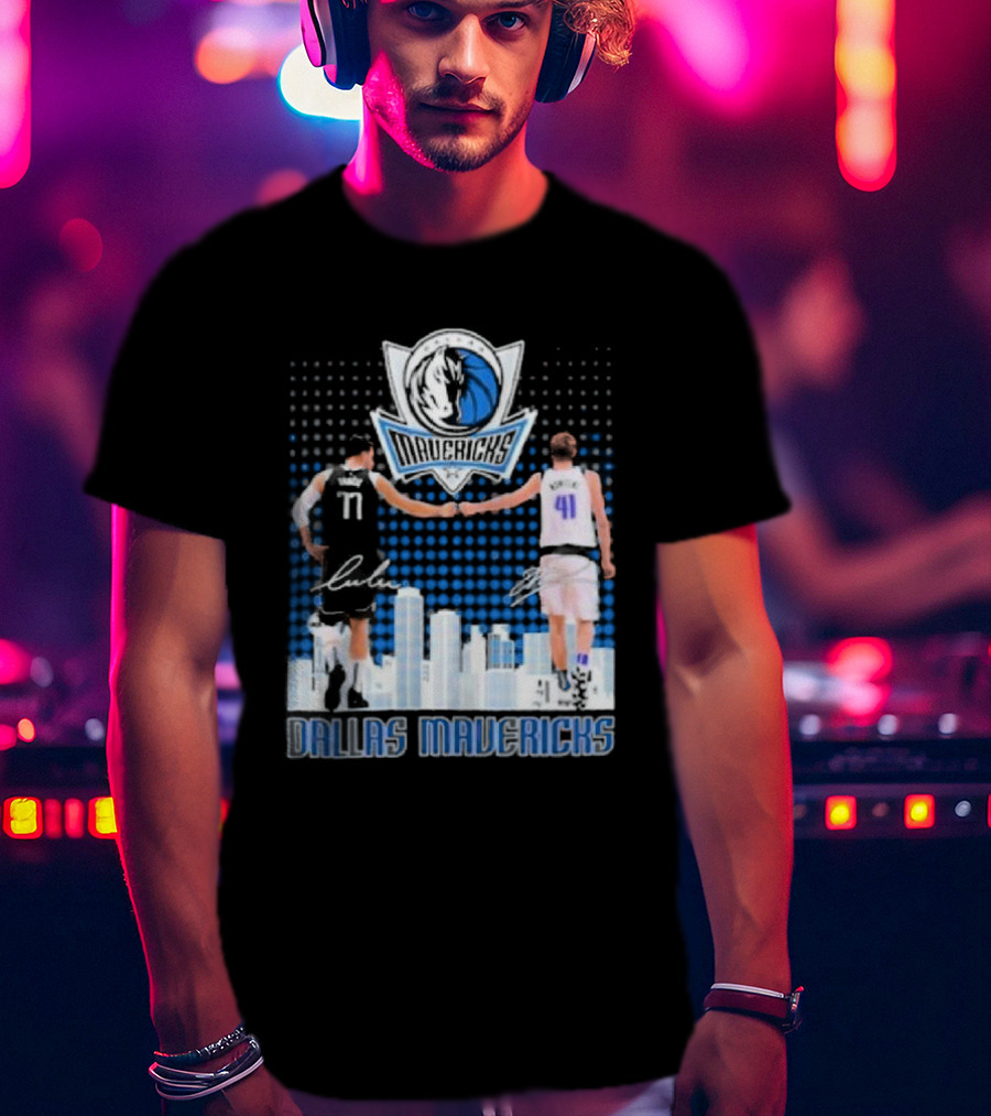 Dallas Mavericks Luka Doncic Dirk Nowitzki Handshake Signatures Skyline T-Shirt