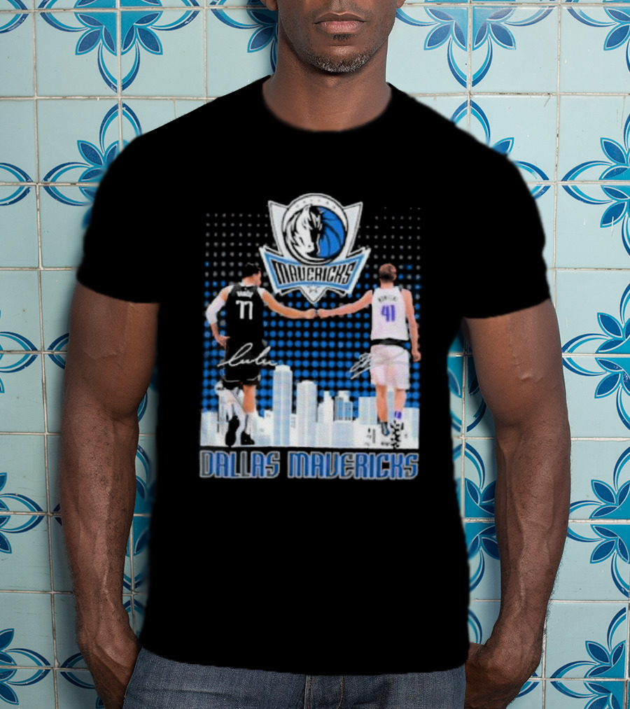 Dallas Mavericks Luka Doncic Dirk Nowitzki Handshake Signatures Skyline T-Shirt