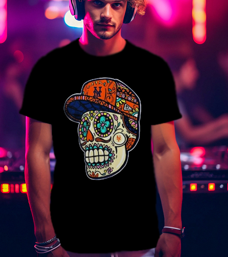 New York Mets New Era Black Sugar Skull Cap T-Shirt