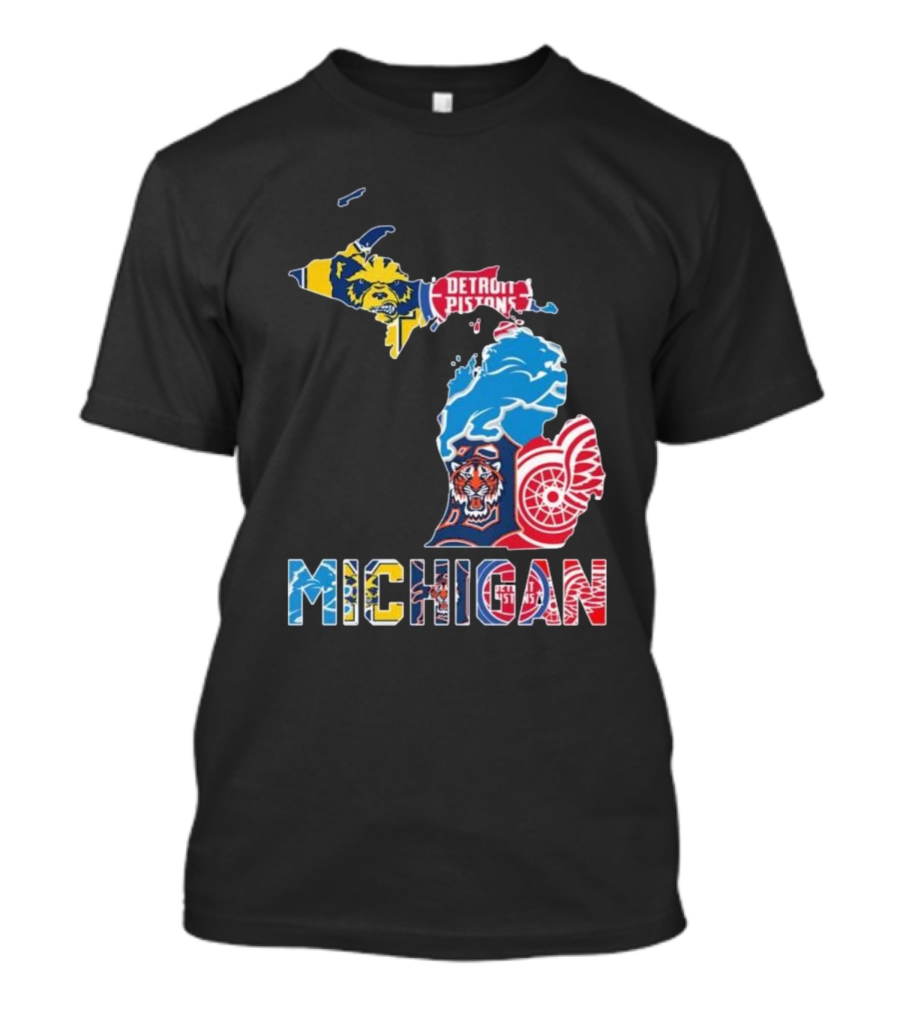 Michigan Lions Wolverines Tigers Pistons Red Wings Map T-Shirt
