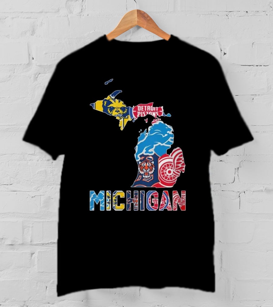 Michigan Lions Wolverines Tigers Pistons Red Wings Map T-Shirt