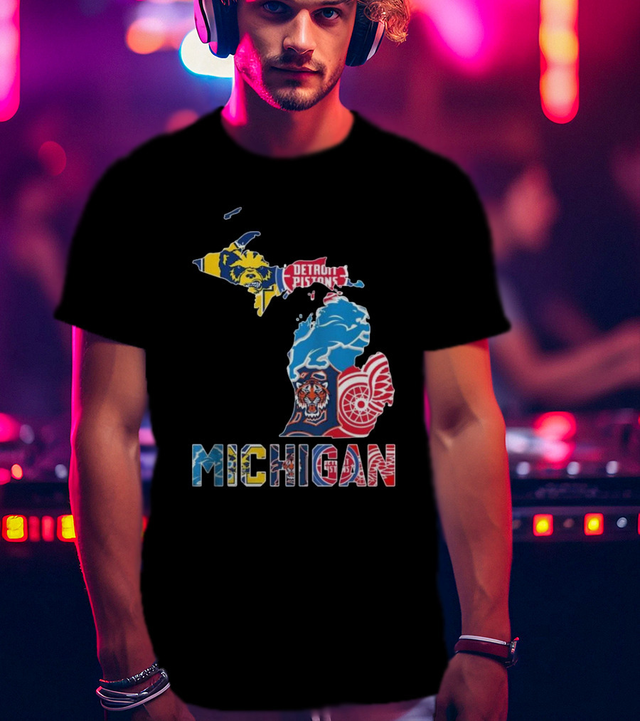 Michigan Lions Wolverines Tigers Pistons Red Wings Map T-Shirt