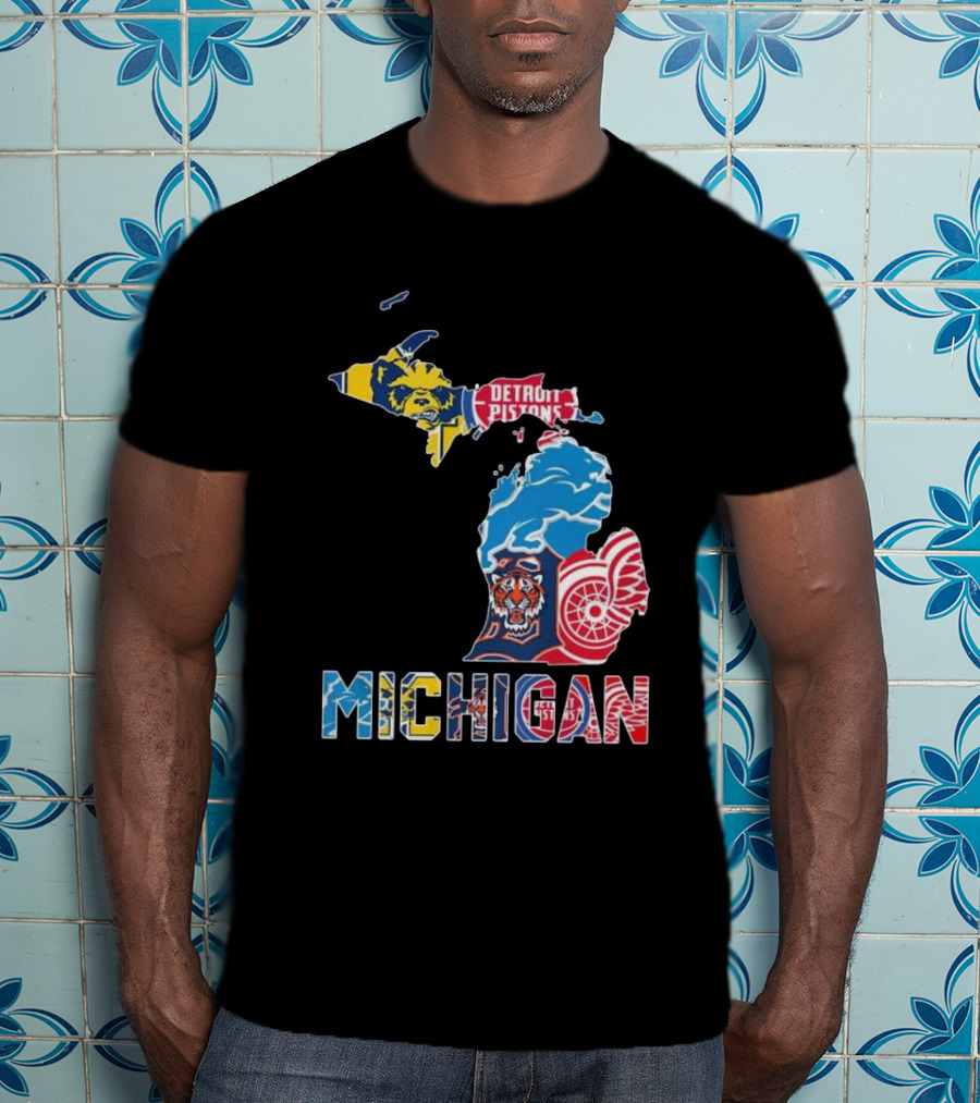 Michigan Lions Wolverines Tigers Pistons Red Wings Map T-Shirt
