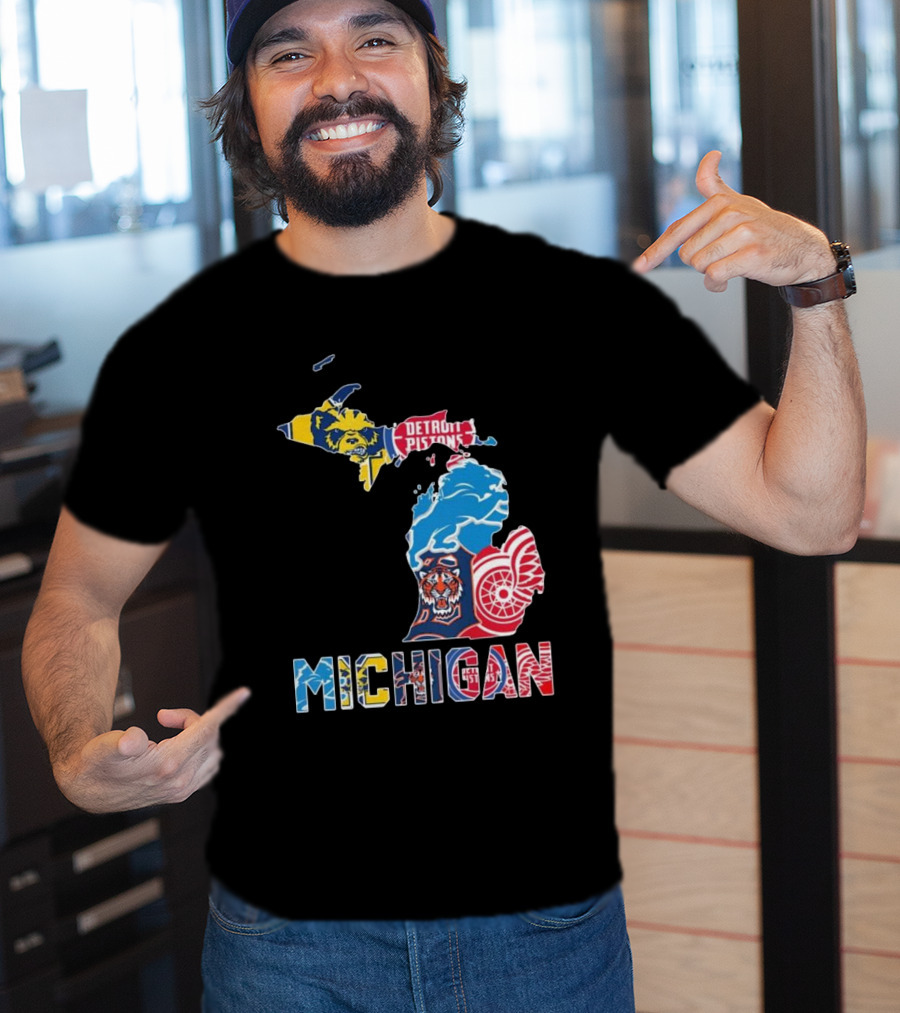 Michigan Lions Wolverines Tigers Pistons Red Wings Map T-Shirt
