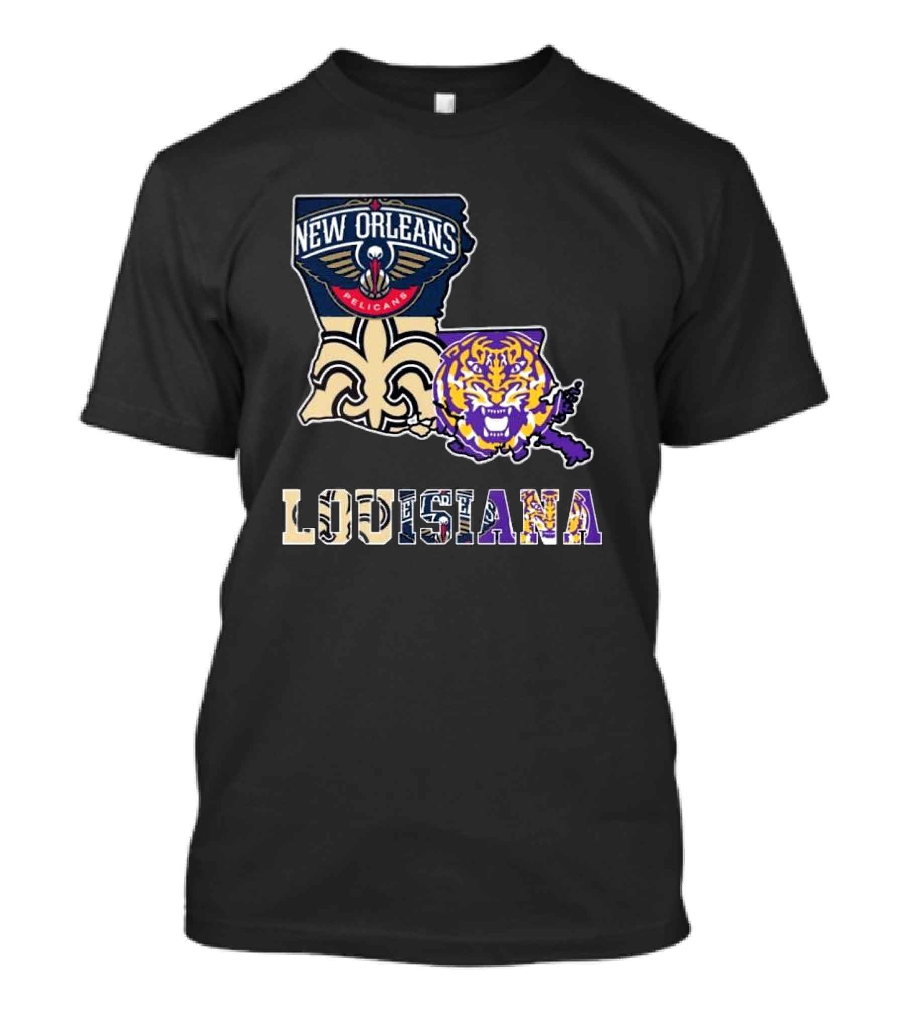 New Orleans Pelicans Tigers Saints Louisiana Map T-Shirt