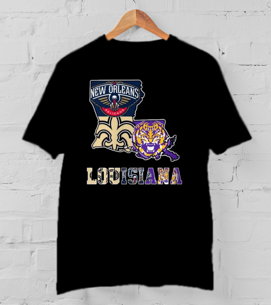New Orleans Pelicans Tigers Saints Louisiana Map T-Shirt