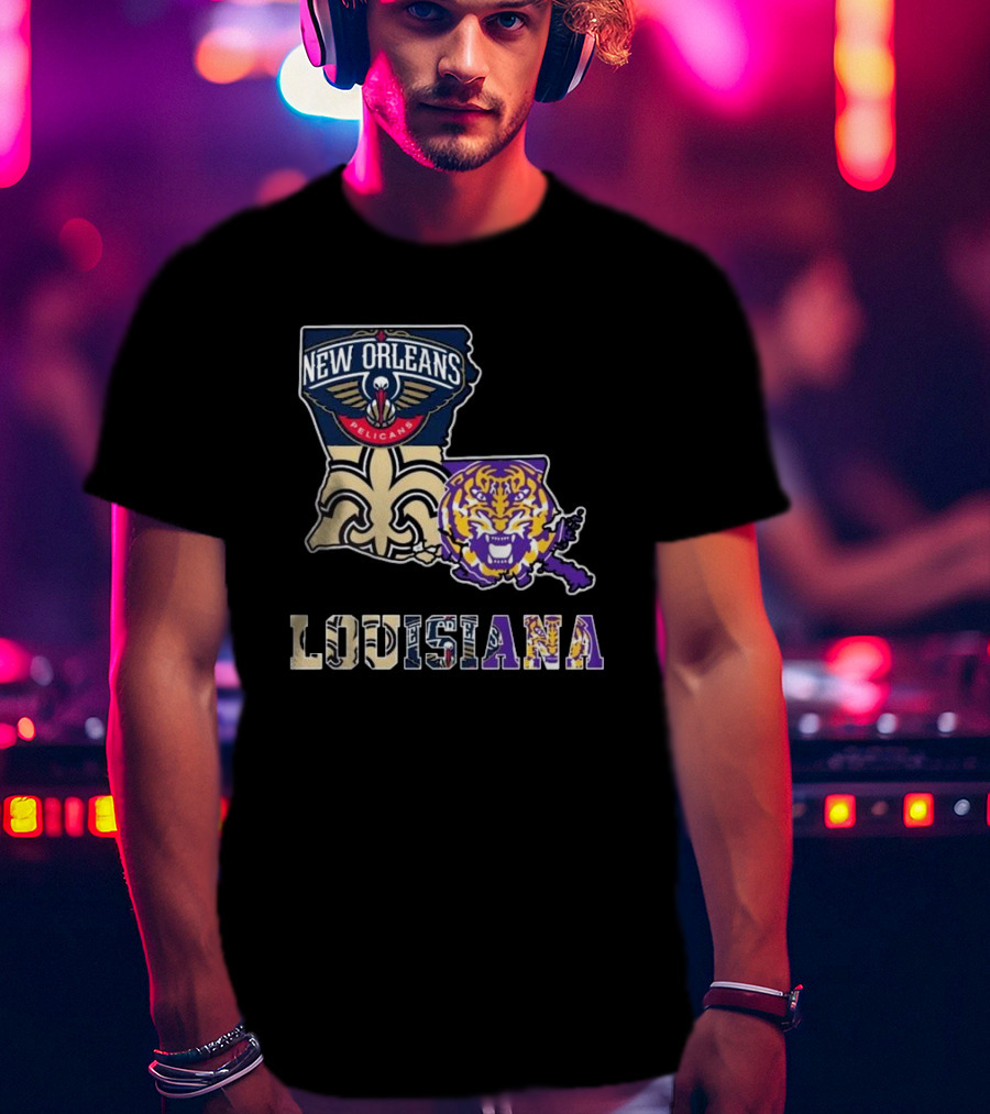 New Orleans Pelicans Tigers Saints Louisiana Map T-Shirt