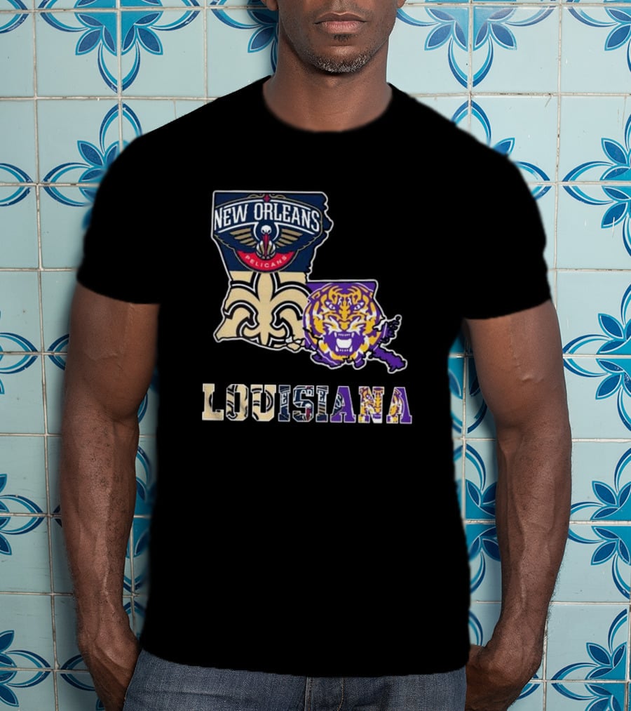 New Orleans Pelicans Tigers Saints Louisiana Map T-Shirt