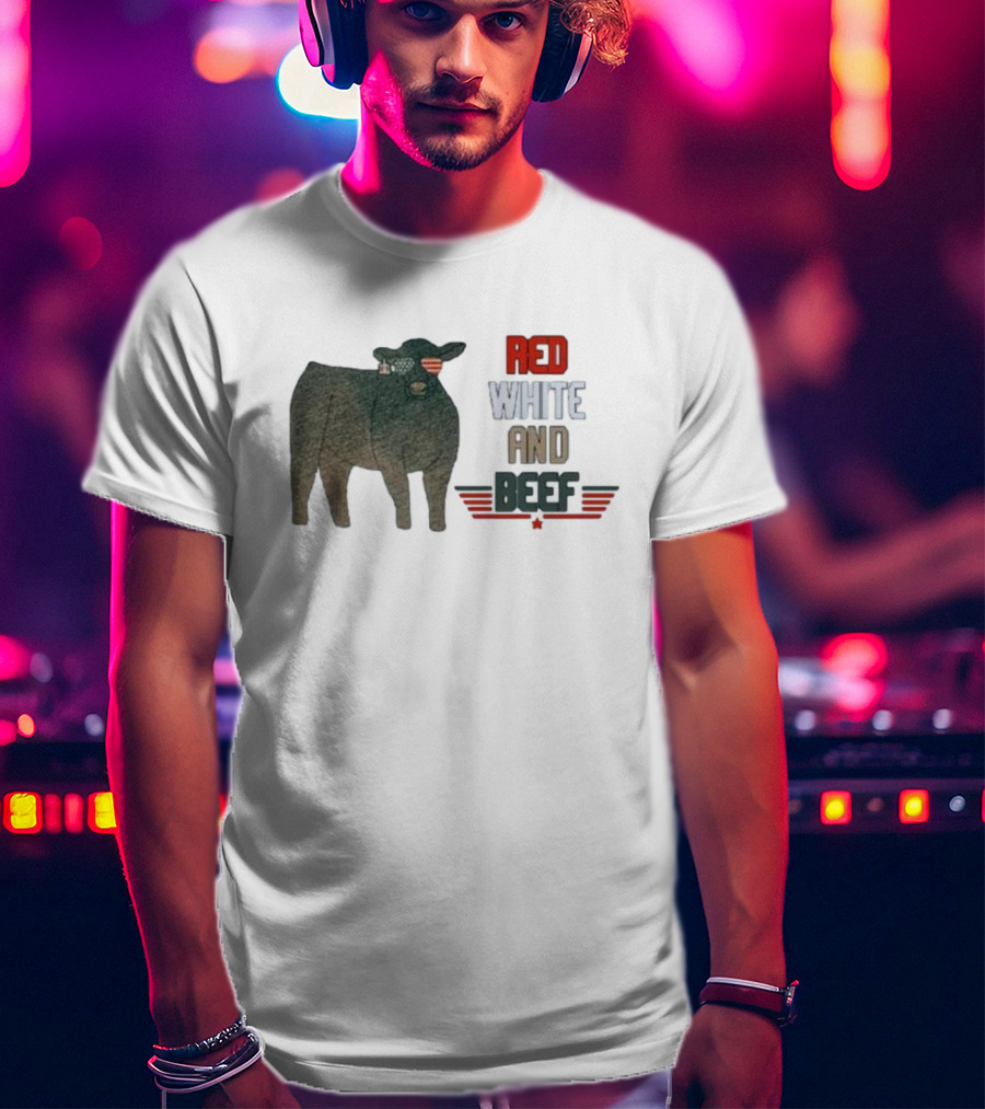 Red White And Beef American Cattle With Patriotic Sunglasses T-Shirt