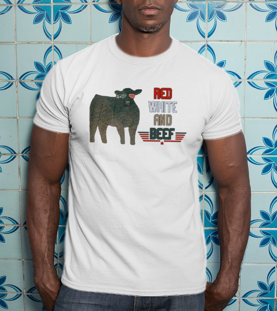 Red White And Beef American Cattle With Patriotic Sunglasses T-Shirt