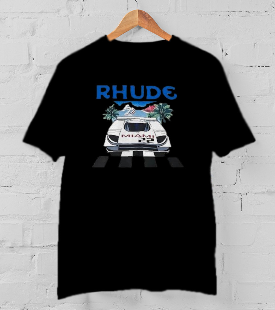 RHUDE Miami 22 Car Palm Trees Checkered Flags T-Shirt