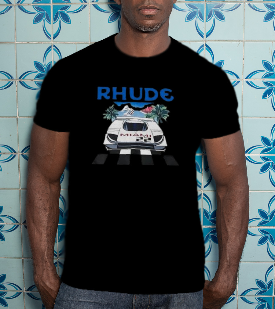 RHUDE Miami 22 Car Palm Trees Checkered Flags T-Shirt