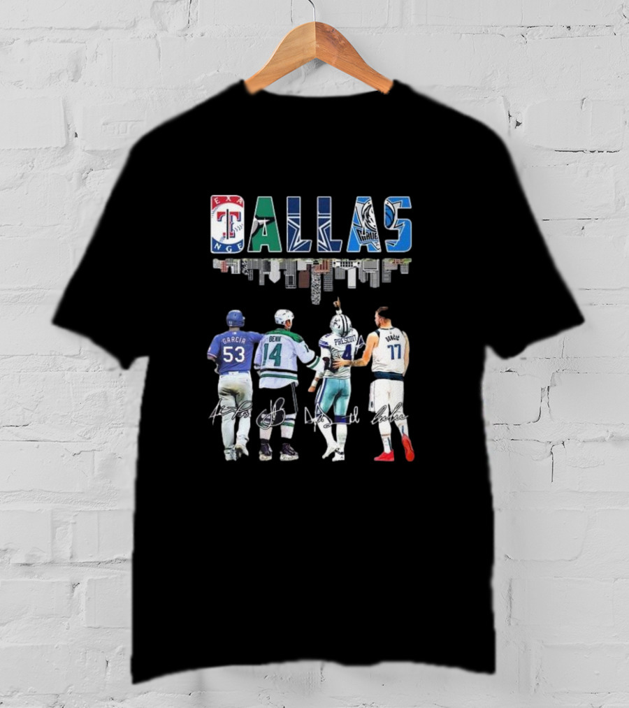 Texas Rangers Garcia Dallas Stars Benn Dallas Cowboys Prescott Dallas Mavericks Doncic Signatures Skyline T-Shirt