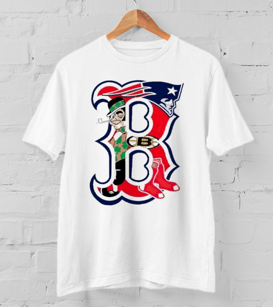 Boston Red Sox B Mashup With Patriots Bruins Celtics Symbols T-Shirt