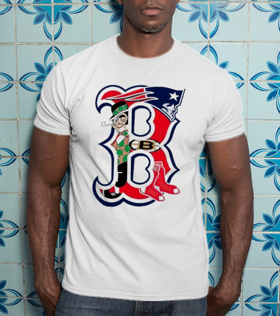 Boston Red Sox B Mashup With Patriots Bruins Celtics Symbols T-Shirt