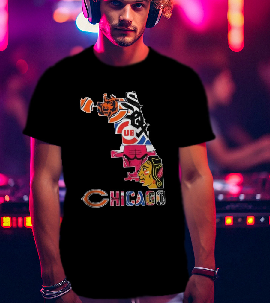 Chicago Cubs White Sox Bulls Bears Blackhawks Maps T-Shirt