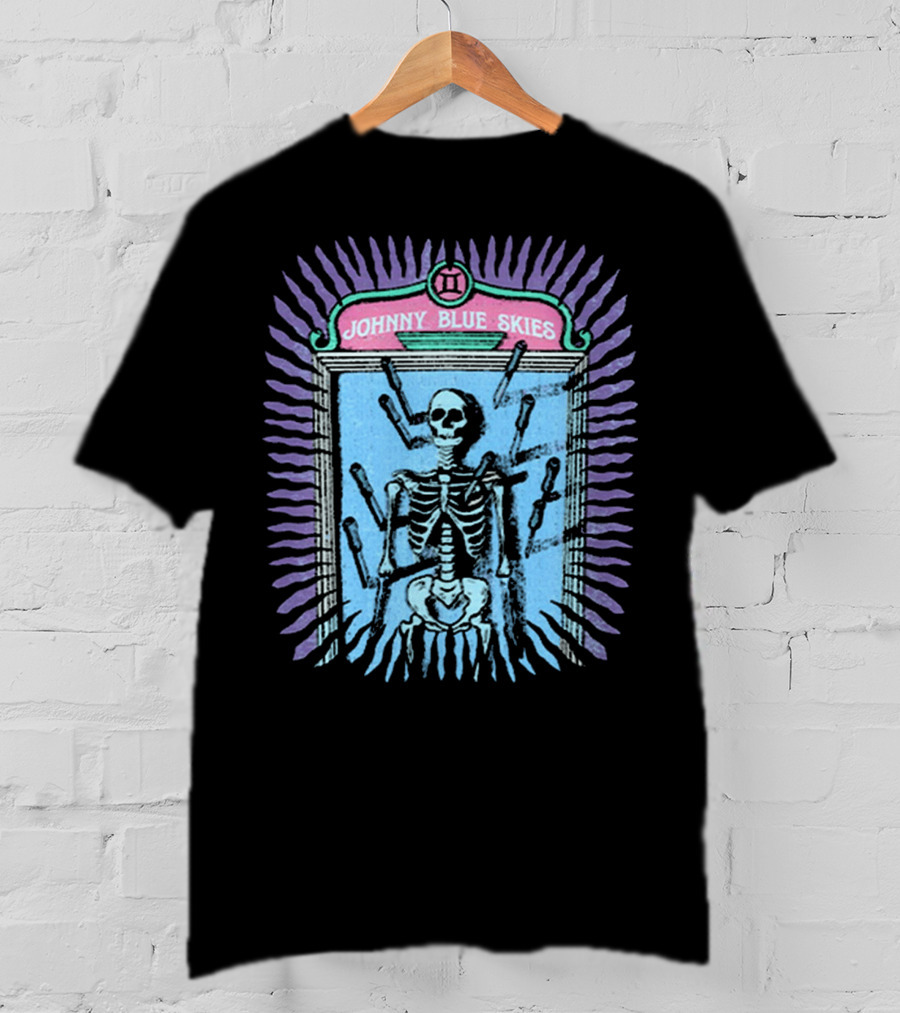 Johnny Blue Skies Skeleton Framed With Knives And Purple Aura T-Shirt