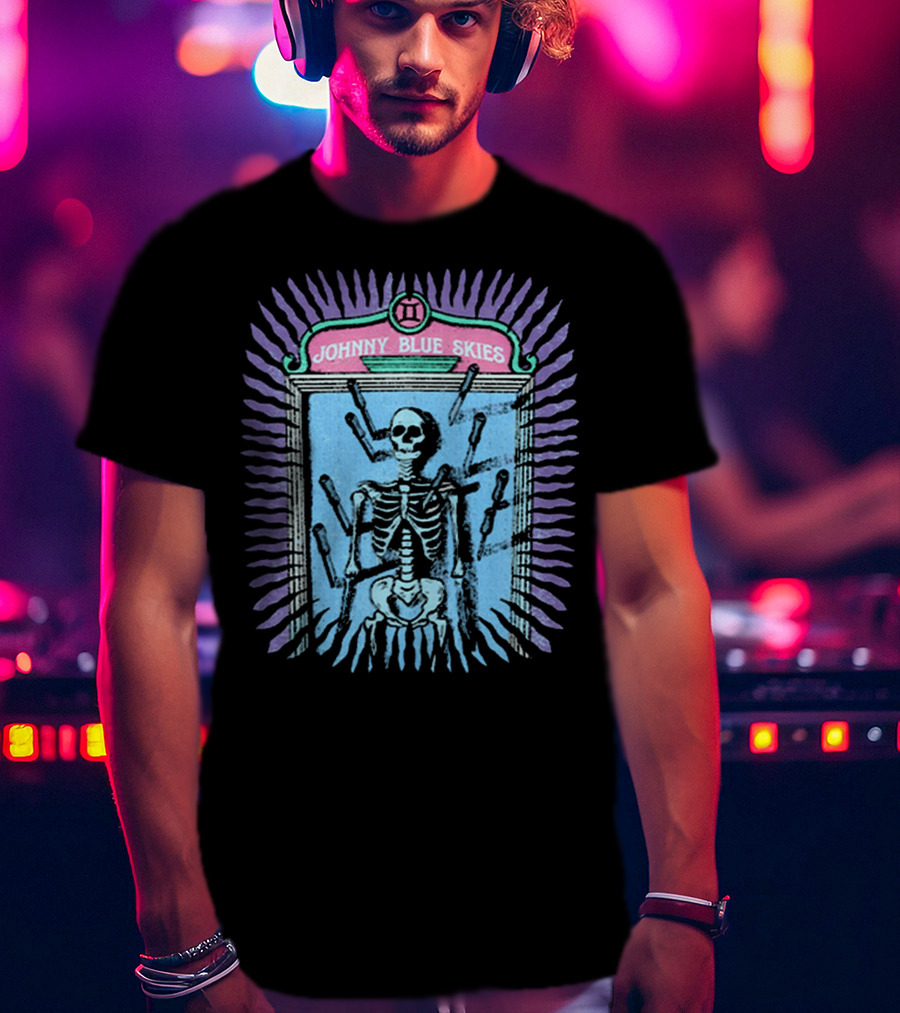 Johnny Blue Skies Skeleton Framed With Knives And Purple Aura T-Shirt