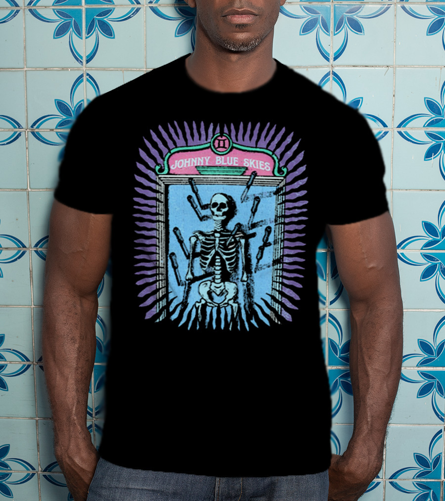 Johnny Blue Skies Skeleton Framed With Knives And Purple Aura T-Shirt