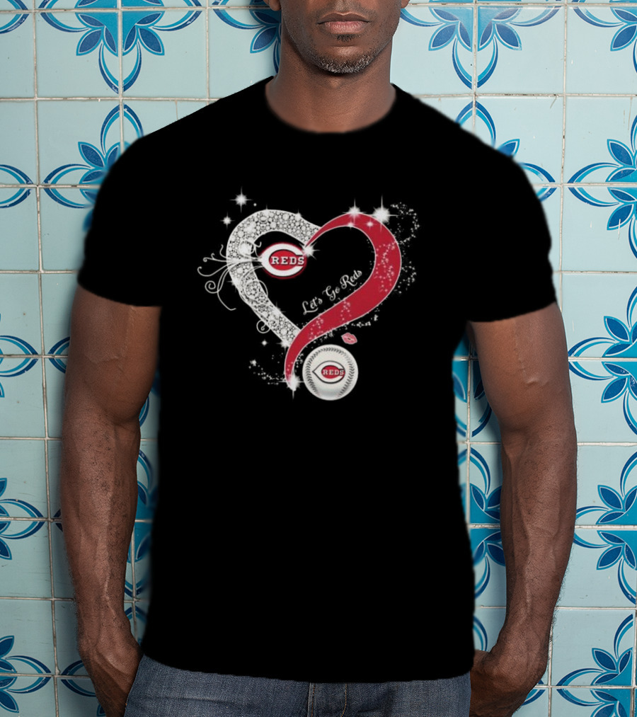 Cincinnati Reds Heart Emblem Let's Go Reds Sparkling T-Shirt