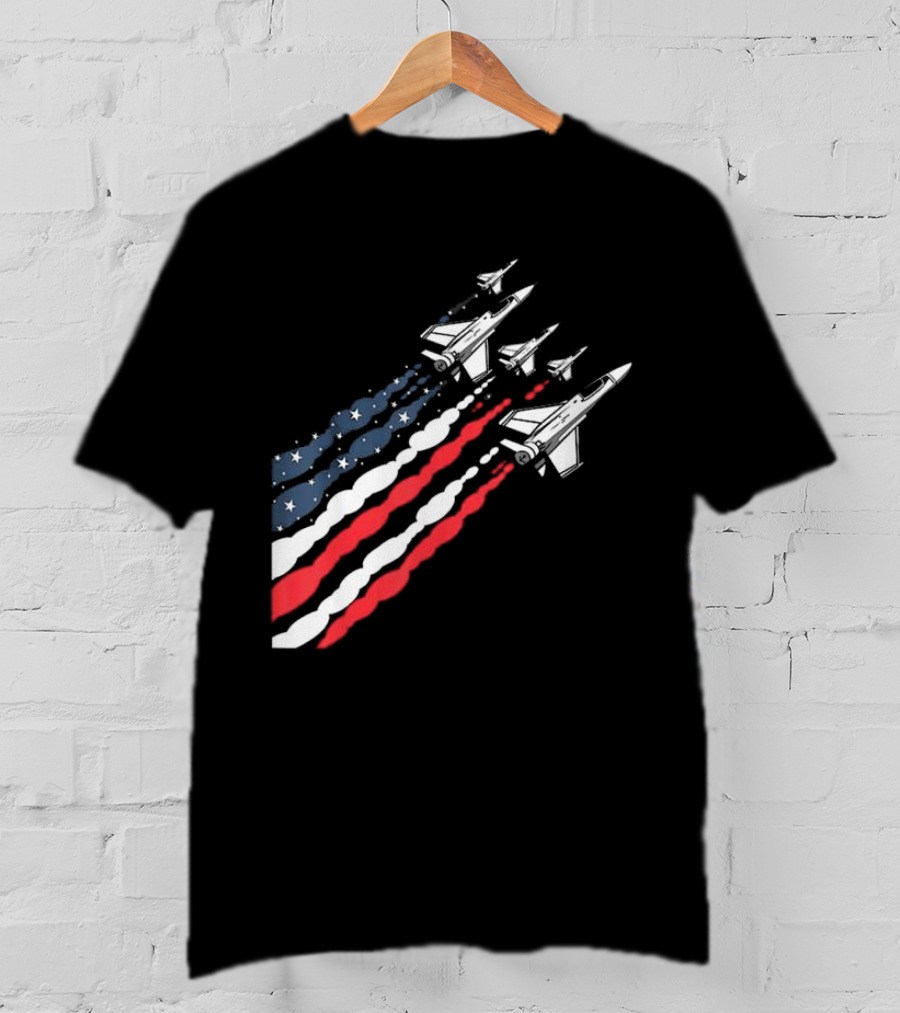 Vintage Patriotic Fighter Jet Airplane With American Flag Trail T-Shirt