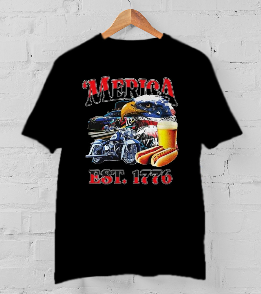 'Merica Bald Eagle Motorbike Beer Hotdogs Cars Est. 1776 T-Shirt