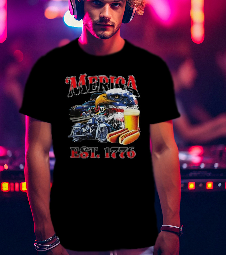 'Merica Bald Eagle Motorbike Beer Hotdogs Cars Est. 1776 T-Shirt